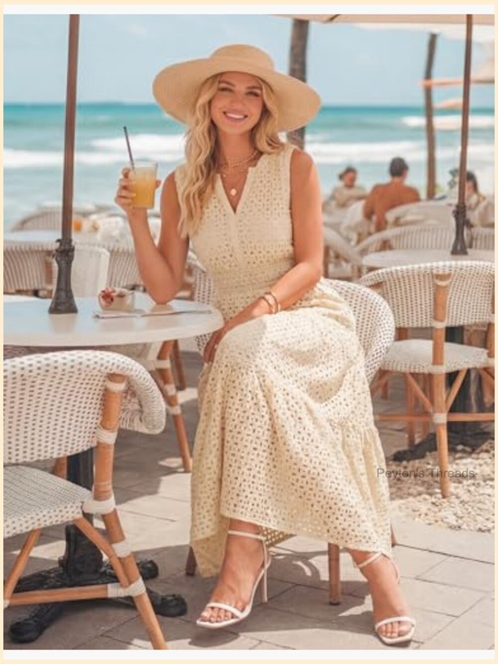 Sleeveless V-Neck Maxi Dress A-Line Empire Waist Flowy Eyelet Casual Party - Picture 3 of 7